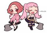  2girls artist_name axe belt brown_eyes brown_hair chibi closed_eyes crossover do_m_kaeru fire_emblem fire_emblem:_three_houses garreg_mach_monastery_uniform hilda_valentine_goneril holding holding_axe long_hair long_sleeves multiple_girls okumura_haru open_mouth persona persona_5 pink_hair pink_sweater short_hair short_over_long_sleeves short_sleeves simple_background skirt sweater turtleneck turtleneck_sweater twintails uniform white_background 