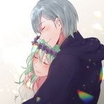  1boy 1girl ashe_ubert blush byleth_(fire_emblem) byleth_eisner_(female) closed_eyes collarbone couple fire_emblem fire_emblem:_three_houses green_hair hand_on_another&#039;s_shoulder hetero hood hood_down long_hair parted_lips profile shiny shiny_hair silver_hair simple_background smile upper_body white_background yori_(a_a_yori) 