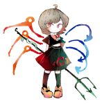  1girl ahoge arms_behind_back asymmetrical_wings black_hair black_legwear black_shirt black_skirt blue_wings blush bow bowtie chibi commentary_request full_body holding_polearm houjuu_nue looking_at_viewer mokumoku22 pigeon-toed polearm red_bow red_eyes red_footwear red_neckwear red_wings shirt shoe_bow shoes short_hair short_sleeves skirt snake solo thigh-highs tomoe_(symbol) touhou trident weapon white_background wings 