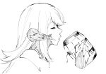  1girl au_ra beer_mug closed_eyes cup final_fantasy final_fantasy_xiv from_side greyscale holding holding_cup horns ishii_hisao long_hair monochrome mug parted_lips portrait scales simple_background solo white_background 