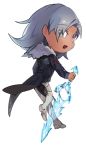  1boy 4xpr7jyukt5vnix :d alvis chibi eyebrows_visible_through_hair eyes_visible_through_hair full_body fur_trim holding holding_sword holding_weapon looking_back monado monado_iii open_mouth silver_hair simple_background smile solo sword tailcoat weapon white_background xenoblade_(series) xenoblade_1 