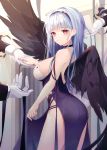  1girl absurdres ass azur_lane black_wings blue_hair breasts dido_(anxious_bisque_doll)_(azur_lane) dido_(azur_lane) disembodied_limb dress dress_straps hairband halter_dress halterneck highres huge_filesize large_wings long_dress looking_at_viewer medium_breasts multiple_hands naru_0 pelvic_curtain purple_dress purple_hairband purple_headband red_eyes solo wings wrist_cuffs 