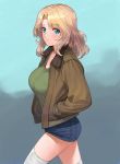  1girl a1 blonde_hair blue_eyes blush breasts closed_mouth cowboy_shot denim denim_shorts eyebrows_visible_through_hair girls_und_panzer green_shirt hair_intakes hands_in_pockets jacket kay_(girls_und_panzer) large_breasts light_smile long_hair looking_at_viewer open_clothes open_jacket parted_hair raised_eyebrows shirt short_shorts shorts smile solo thigh-highs wavy_hair white_legwear 