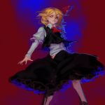 1girl ascot black_skirt black_vest blonde_hair collared_shirt glowing glowing_eye grin hair_ornament inishie_kumo legs_apart long_sleeves looking_at_viewer red_background red_eyes red_neckwear rumia shirt skirt smile solo standing touhou vest white_shirt wing_collar 