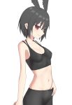  1girl absurdres bangs bare_shoulders black_bra black_hair black_pants bra breasts collarbone elfenlied22 fate/grand_order fate_(series) head_wings highres looking_at_viewer medium_breasts navel ortlinde_(fate/grand_order) pants red_eyes short_hair simple_background smile sports_bra tight tight_pants underwear valkyrie_(fate/grand_order) yoga_pants 