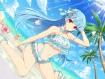  1girl beach bikini blue_hair breasts flower frilled_bikini frills hair_flower hair_ornament kula_diamond long_hair looking_at_viewer medium_breasts official_art senran_kagura senran_kagura_new_wave smile snowflakes swimsuit the_king_of_fighters violet_eyes yaegashi_nan 