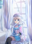  1girl aoi_(pixiv2498037) artist_name bangs black_legwear blue_dress blurry blurry_background blush cape closed_mouth commentary_request curtains dated depth_of_field dress elbow_gloves eyebrows_visible_through_hair feet_out_of_frame gloves hands_on_lap hat highres indoors long_sleeves looking_at_viewer melia pink_cape pleated_dress silver_hair sitting smile solo thigh-highs white_gloves window xenoblade_(series) xenoblade_1 