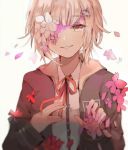  1girl bangs blood blood_on_face brown_jacket collared_shirt commentary dangan_ronpa eyebrows_visible_through_hair falling_petals flower hair_ornament hairclip highres jacket light_brown_hair long_sleeves nanami_chiaki neck_ribbon parted_lips pink_blood pink_eyes pink_flower red_ribbon ribbon shirt short_hair simple_background smile solo spoilers super_dangan_ronpa_2 syan_(11037) tears white_background white_shirt 