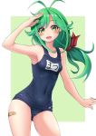  1girl absurdres alternate_costume antenna_hair bandaid bandaid_on_leg blush breasts covered_navel eyebrows_visible_through_hair fang green_background green_eyes green_hair hair_ornament hair_ribbon highres kantai_collection long_hair looking_at_viewer makura_(user_jpmm5733) matsu_(kantai_collection) name_tag one-piece_swimsuit open_mouth pine_tree ribbon salute school_swimsuit skin_fang small_breasts smile solo swimsuit thighs tree two-tone_background white_background 
