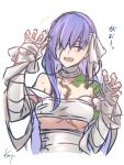  1girl bandage_over_one_eye bandaged_arm bandaged_head bandages bangs blush breasts claw_pose closed_eyes fate/extra fate/extra_ccc fate_(series) hands_up kingprotea knt_(pixiv52732968) long_hair moss naked_bandage open_mouth purple_hair small_breasts smile very_long_hair 