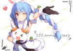  1girl ;) ame. animal_ear_fluff animal_ears anniversary arm_up armpits bangs black_gloves blue_hair blush bow braid brown_eyes brown_legwear carrot_hair_ornament closed_mouth commentary_request detached_sleeves don-chan_(hololive) dress eyebrows_visible_through_hair food_themed_hair_ornament fur-trimmed_dress fur-trimmed_gloves fur_trim gloves hair_between_eyes hair_bow hair_ornament heart highres hololive long_hair multicolored_hair one_eye_closed pantyhose puffy_short_sleeves puffy_sleeves rabbit_ears short_eyebrows short_sleeves smile thick_eyebrows twin_braids twintails two-tone_hair usada_pekora very_long_hair virtual_youtuber white_background white_bow white_dress white_hair white_sleeves 