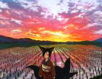  1girl animal_ears black_hair black_sclera closed_mouth clouds cloudy_sky day doitsuken fox_ears fox_tail hair_bun japanese_clothes kimono kitsune_spirit_(doitsuken) looking_at_viewer multiple_tails obi original outdoors red_kimono red_sky rice_paddy sash scenery sky smile sunset tail yellow_eyes 