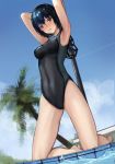  1girl absurdres amagami blue_hair blue_sky chain chinese_commentary clouds competition_swimsuit day from_below highres kneeling looking_at_viewer nanasaki_ai one-piece_swimsuit outdoors pole poolside restrained short_hair sky solo swimsuit violet_eyes water westking 