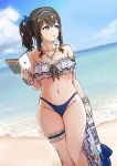  1girl absurdres bangs bare_shoulders beach bikini blue_bikini blue_eyes blue_nails blue_sky book bracelet brown_hair clouds earrings groin hairband highres idolmaster idolmaster_cinderella_girls jewelry navel necklace ocean pengwin ponytail sagisawa_fumika sky solo swimsuit 