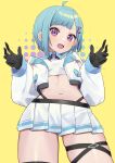  1girl :d absurdres ahoge bangs black_gloves blue_hair collared_shirt commentary_request cowboy_shot crop_top cropped_jacket eyebrows_visible_through_hair fangs gloves highres indie_virtual_youtuber jacket long_sleeves looking_at_viewer midriff miniskirt navel open_clothes open_jacket open_mouth pleated_skirt puffy_long_sleeves puffy_sleeves shirt short_hair sigmano simple_background skin_fangs skirt smile solo standing stomach syhan thigh_strap violet_eyes virtual_youtuber white_jacket white_shirt white_skirt yellow_background 