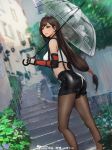  1girl anson_zheng arm_guards artist_name ass bangs bare_shoulders black_shorts black_skirt blush breasts brown_hair brown_legwear clouds cloudy_sky commentary_request earrings elbow_gloves elbow_pads eyelashes final_fantasy final_fantasy_vii final_fantasy_vii_remake fingerless_gloves flower gloves hair_between_eyes highres holding holding_umbrella hydrangea jewelry lips long_hair looking_away low-tied_long_hair medium_breasts nose outdoors pantyhose pencil_skirt puddle rain red_eyes shirt shorts sidelocks skirt sky smile solo suspender_skirt suspenders swept_bangs tank_top taut_clothes taut_shirt thighs tifa_lockhart transparent transparent_umbrella umbrella very_long_hair water wet wet_hair wet_shorts white_tank_top 