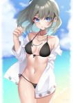  1girl bikini black_bikini blue_eyes blue_sky blurry breasts clouds cowboy_shot day depth_of_field ear_piercing front-tie_top grey_hair highres jacket looking_at_viewer nail_polish original outdoors parted_lips piercing short_hair side-tie_bikini sky small_breasts solo swimsuit tabetarou white_jacket 