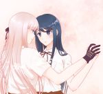  2girls bangs black_gloves black_ribbon blue_eyes blue_hair blunt_bangs braid brown_skirt closed_mouth collared_shirt dangan_ronpa dangan_ronpa_1 dress_shirt eye_contact gloves hair_ornament hair_ribbon hairclip highres holding_hand interlocked_fingers kirigiri_kyouko long_hair looking_at_another maizono_sayaka multiple_girls neck_ribbon pleated_skirt red_eyes ribbon school_uniform shiny shiny_hair shirt short_sleeves silver_hair single_braid sketti skirt smile standing upper_body very_long_hair white_background white_shirt wing_collar yuri 