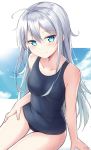  1girl ass_visible_through_thighs bangs bare_shoulders blue_eyes blue_sky blue_swimsuit blush breasts clouds collarbone commentary_request covered_navel eyebrows_visible_through_hair hair_between_eyes hibiki_(kantai_collection) highres kantai_collection kohakope long_hair looking_at_viewer old_school_swimsuit one-piece_swimsuit revision school_swimsuit silver_hair sitting sky small_breasts smile solo swimsuit 