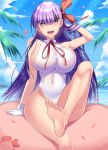  1girl absurdres bangs bare_shoulders bb_(fate)_(all) bb_(swimsuit_mooncancer)_(fate) beach blue_sky blush breasts covered_navel fate/grand_order fate_(series) feet gloves hair_ribbon hand_in_hair highleg highleg_leotard highres jo_(pixiv29989419) large_breasts leg_up leotard long_hair looking_at_viewer neck_ribbon ocean open_mouth petals purple_hair red_ribbon ribbon sideboob sitting sky smile soles very_long_hair violet_eyes white_gloves white_leotard 