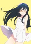  1girl absurdres bangs black_hair blush bural_chingu dress highres ju_hyeon-mi long_hair looking_at_viewer luke_(dydansgur) red-framed_eyewear semi-rimless_eyewear simple_background solo sundress under-rim_eyewear white_dress yellow_background yellow_eyes 