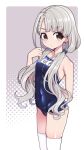  1girl bangs bare_shoulders blue_bow blue_ribbon blue_swimsuit blush bow braid braided_bangs breasts brown_eyes commentary_request covered_navel eyebrows_visible_through_hair grey_hair hair_bow hair_ribbon hanauna heart hisakawa_nagi idolmaster idolmaster_cinderella_girls long_hair looking_at_viewer low_twintails name_tag old_school_swimsuit one-piece_swimsuit ribbon school_swimsuit simple_background skindentation small_breasts solo spoken_heart standing swimsuit thigh-highs twintails white_legwear 