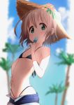  1girl bangs bikini black_bikini blue_shorts blurry blurry_background blush breasts commentary_request day flower food food_in_mouth green_eyes grey_hair hand_on_hip hat hat_flower holding holding_food kohshibasaki looking_at_viewer micro_bikini navel popsicle short_hair short_shorts shorts small_breasts solo standing stomach straw_hat swimsuit tree under_boob yama_no_susume yukimura_aoi 