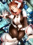  1girl absurdres adahcm black_bodysuit blush_stickers bodysuit boku_no_hero_academia boots breasts brown_eyes brown_hair building city commentary_request curvy floating gloves headgear highres large_breasts looking_at_viewer plump short_hair sidelocks skin_tight skyscraper smile solo uraraka_ochako white_footwear white_gloves 