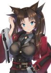  1girl animal_ears arknights belt blue_eyes breasts brown_hair cat_ears cosplay fate/stay_night fate_(series) hand_on_hip jacket large_breasts necktie red_jacket seiyuu_connection skyfire_(arknights) skyfire_(arknights)_(cosplay) smile tohsaka_rin twintails ueda_kana white_background yuzuruka_(bougainvillea) 