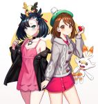  2girls aqua_eyes asymmetrical_bangs bangs black_choker black_hair black_jacket blush brown_eyes brown_hair cardigan choker commentary_request dress earrings gen_8_pokemon green_headwear grey_cardigan hair_ribbon hat holding holding_poke_ball jacket jewelry long_sleeves looking_at_viewer making-of_available mary_(pokemon) medium_hair morpeko morpeko_(full) multiple_girls on_head open_clothes pink_dress poke_ball poke_ball_(basic) pokemon pokemon_(creature) pokemon_(game) pokemon_on_head pokemon_swsh red_ribbon ribbon scorbunny smile starter_pokemon tam_o&#039;_shanter tasuku_(user_fkzv3343) twintails yuuri_(pokemon) 