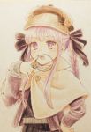  1girl bangs black_ribbon black_skirt blazer braid brown_headwear capelet child dangan_ronpa dangan_ronpa_1 hair_ribbon hand_on_hip hat holding jacket kirigiri_kyouko long_hair long_sleeves open_mouth pleated_skirt purple_hair purple_jacket ribbon shiny shiny_hair simple_background single_braid sketti skirt solo standing violet_eyes white_background younger 