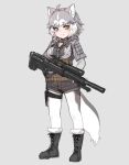  1girl ahoge black_footwear blue_eyes blush boots breasts brown_eyes closed_mouth cross-laced_footwear dog_(mixed_breed)_(kemono_friends) eyebrows_visible_through_hair full_body grey_background grey_hair gun heterochromia holding holding_gun holding_weapon kemono_friends lace-up_boots large_breasts looking_at_viewer multicolored_hair nyifu pantyhose rifle short_hair simple_background smile sniper_rifle sniper_scope solo standing two-tone_hair weapon white_hair white_legwear 