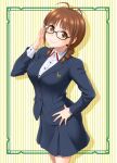  1girl adjusting_eyewear akizuki_ritsuko antenna_hair black-framed_eyewear black_skirt blazer blush braid breasts brown_eyes brown_hair closed_mouth collared_shirt eyebrows_visible_through_hair glasses hand_on_hip hida_tatsuo idolmaster idolmaster_(classic) idolmaster_million_live! idolmaster_million_live!_theater_days jacket large_breasts looking_at_viewer shirt short_hair skirt smile solo twin_braids white_shirt 