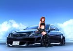  1girl 3books absurdres bangs boots brown_eyes brown_hair car goggles goggles_on_head ground_vehicle highres infiniti_(company) infiniti_v36 leaning_back long_bangs looking_down motor_vehicle original vehicle_focus 