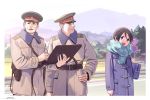  1girl 2boys :d bag blue_scarf border brown_jacket checkered checkered_scarf closed_mouth coat dated day hat horikou jacket military military_jacket military_uniform multiple_boys open_mouth outdoors parted_lips peaked_cap purple_coat real_life saitou_ena scarf shoulder_bag signature smile soldier soviet soviet_army uniform white_border winter_clothes winter_coat yurucamp 