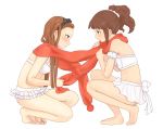  2girls angel&#039;s_swimsuit_(idolmaster) barefoot bikini bikini_skirt blush brown_hair feet frilled_bikini frills green_eyes idolmaster idolmaster_(classic) koke_(koke_hokanko) long_hair minase_iori multiple_girls ponytail red_eyes red_scarf ribbon scarf shared_scarf swimsuit takatsuki_yayoi white_background 