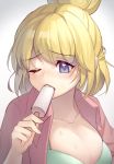  1girl animal_ears bangs blonde_hair blush breasts commentary_request doubutsu_no_mori eyebrows_visible_through_hair food holding_candy in_mouth jacket large_breasts okitanation one_eye_closed open_mouth pink_jacket popsicle shirt shizue_(doubutsu_no_mori) simple_background solo upper_teeth violet_eyes white_background white_shirt 