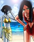  alice:_madness_returns alice_(wonderland) alice_in_wonderland american_mcgee&#039;s_alice beach black_hair breasts ceramic_man closed_mouth clouds green_eyes long_hair looking_at_viewer multiple_girls navel smile swimsuit water 