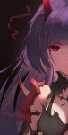  &gt;:( 1girl black_background breasts closed_mouth commentary_request highres honkai_(series) honkai_impact_3rd horns long_hair looking_at_viewer medium_breasts purple_hair raiden_mei red_eyes serious shoulder_armor shuo_zhi_zhi_hu simple_background solo upper_body v-shaped_eyebrows 