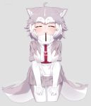  1girl :3 ^_^ afterimage ahoge animal_ear_fluff animal_ears belt breasts closed_eyes closed_mouth cowboy_shot cropped_legs dog_(mixed_breed)_(kemono_friends) dog_ears dog_girl dog_tail elbow_gloves facing_viewer fang fang_out food fur-trimmed_sleeves fur_trim gloves grey_background grey_hair grey_skirt incoming_pocky_kiss jacket kemono_friends leaning_forward medium_breasts mouth_hold multicolored_hair nyifu pleated_skirt pocky pocky_day short_hair short_sleeves simple_background skirt smile solo tail tail_wagging two-tone_hair white_gloves white_hair 