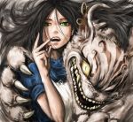 1girl alice:_madness_returns alice_(wonderland) alice_in_wonderland american_mcgee&#039;s_alice animal_ears apron black_hair cat_ears ceramic_man cheshire_cat dress earrings green_eyes highres jewelry long_hair looking_at_viewer necklace open_mouth smile 