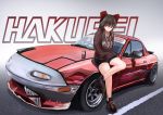  3books alternate_costume bow can canned_coffee car character_name cigarette commentary crossed_legs damaged eunos_roadster ground_vehicle hair_bow hakurei_reimu highres hood hoodie leaning_back looking_to_the_side mazda motor_vehicle red_bow red_eyes smoking touhou vehicle_focus 