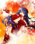  1girl bangs blue_eyes blue_hair boots breasts capelet dutch_angle fire_emblem fire_emblem:_the_binding_blade floating_hair hair_between_eyes hat holding kero_sweet lilina_(fire_emblem) long_hair magic medium_breasts miniskirt open_mouth outstretched_arm pantyhose pleated_skirt red_capelet red_footwear red_headwear red_legwear skirt solo standing thigh-highs thigh_boots very_long_hair white_skirt 