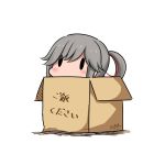  1girl box cardboard_box dated grey_hair hair_ribbon hatsuzuki_527 in_box in_container kantai_collection long_hair red_ribbon ribbon simple_background solid_oval_eyes solo translation_request twitter_username usugumo_(kantai_collection) white_background 