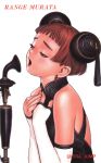  1girl artist_name detached_sleeves double_bun earrings hands_on_own_neck jewelry last_exile lavie_head microphone murata_renji music official_art open_mouth redhead short_hair simple_background singing solo upper_body white_background 