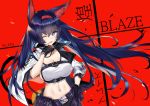  1girl ;d animal_ears arknights bangs belt black_belt black_gloves blaze_(arknights) blue_eyes blue_hair breasts cat_ears character_name commentary_request crop_top eyebrows_visible_through_hair gloves hair_between_eyes high_collar highres kakeru_(kakeru) large_breasts long_hair looking_at_viewer midriff navel one_eye_closed open_mouth partly_fingerless_gloves pouch red_background smile solo stomach twitter_username upper_body very_long_hair 
