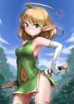  1girl ahoge ass_visible_through_thighs bangs bare_shoulders blonde_hair blue_eyes blurry blurry_background blush breasts closed_mouth commentary_request covered_navel day depth_of_field dress elbow_gloves elf eyebrows_visible_through_hair glint gloves green_dress highres holding holding_sheath holding_sword holding_weapon looking_at_viewer original outdoors pointy_ears rohitsuka see-through sheath sleeveless sleeveless_dress small_breasts solo standing sword thigh-highs unsheathing weapon white_gloves white_legwear zettai_ryouiki 