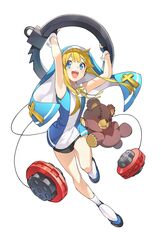  1boy bike_shorts blonde_hair blue_eyes bridget_(guilty_gear) cross guilty_gear guilty_gear_xx habit highres long_hair nun otoko_no_ko pg_(lhotseshar) robe solo stuffed_animal stuffed_toy teddy_bear 