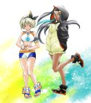  2girls aqua_hair armlet bangs bea_(pokemon) belly_chain black_hair black_hairband blonde_hair blush breasts closed_mouth commentary_request cosplay dark_skin dynamax_band earrings eyebrows_visible_through_hair eyeshadow feet full_body gym_leader hairband hands_on_stomach highres hirota_mimori hood hoop_earrings jewelry knees long_hair looking_at_viewer makeup multicolored_hair multiple_girls necklace nessa_(pokemon) nessa_(pokemon)_(cosplay) pokemon pokemon_(game) pokemon_swsh raihan_(pokemon) raihan_(pokemon)_(cosplay) sandals swimsuit tankini toes two-tone_hair wristband 