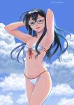  1girl ahoge bikini black_hair blue_sky breasts clouds commentary_request cowboy_shot front-tie_top green_eyes hairband highres kantai_collection long_hair looking_at_viewer ooyodo_(kantai_collection) sky small_breasts solo swimsuit twitter_username urushizawa_takayuki white_bikini 
